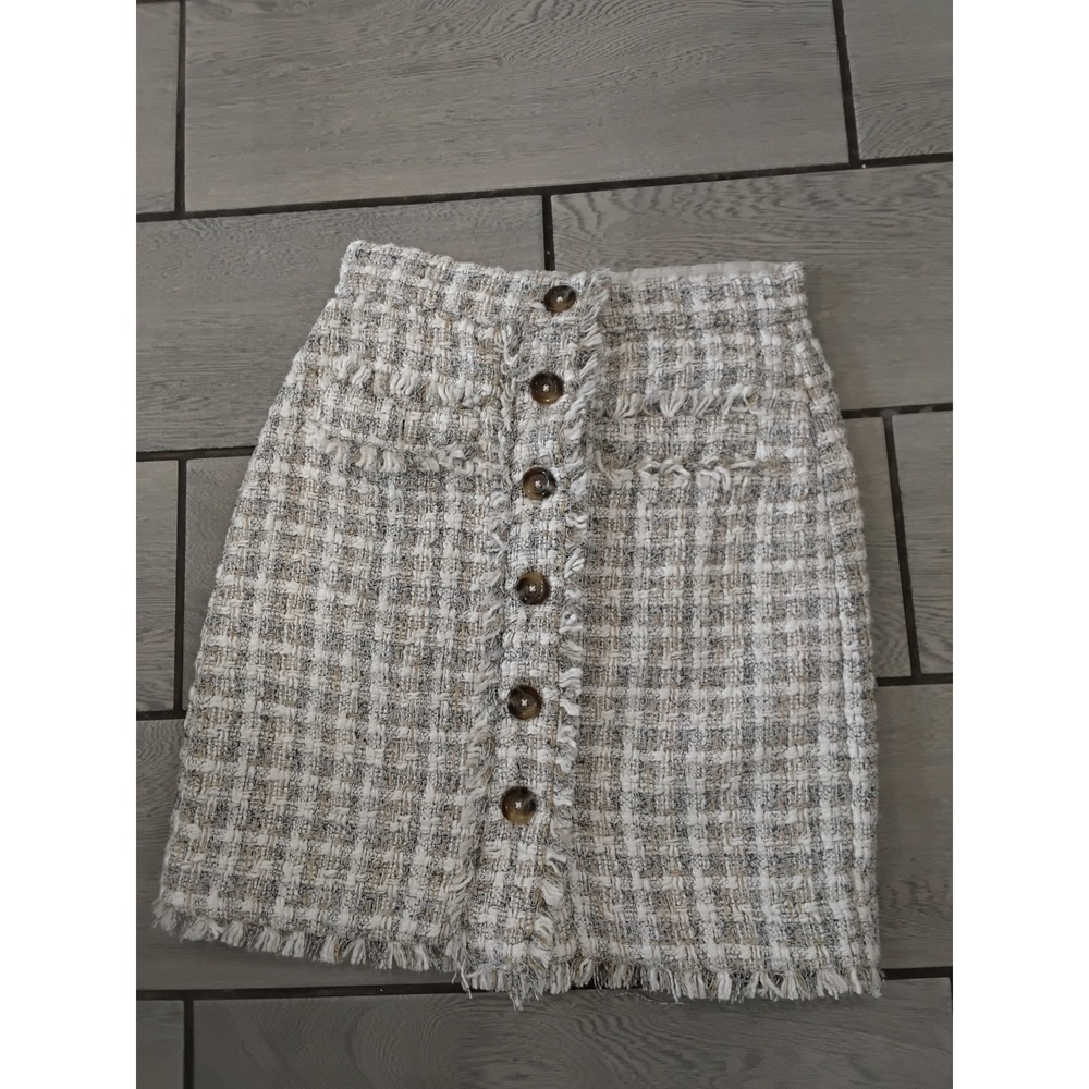 Ann Taylor Petite Tweed Mini Skirt Button Front Fringe Plaid Neutral 00P